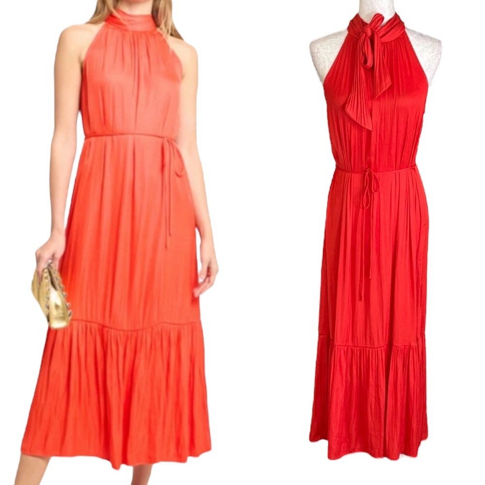 Anthropologie O.P.T Red Orange Satin Scarf Tie Neck & Waist Halter Maxi Dress  M
